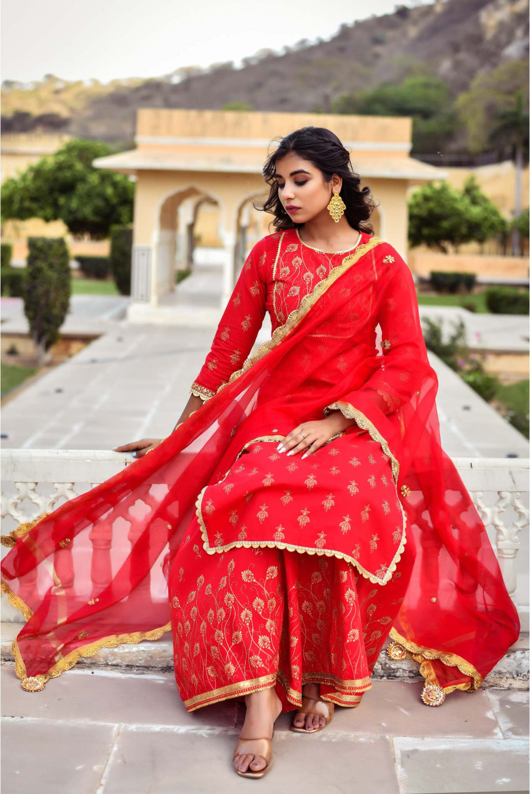 Anastay Cherry Red 3-Piece Short Sharara Kurta & Dupatta set