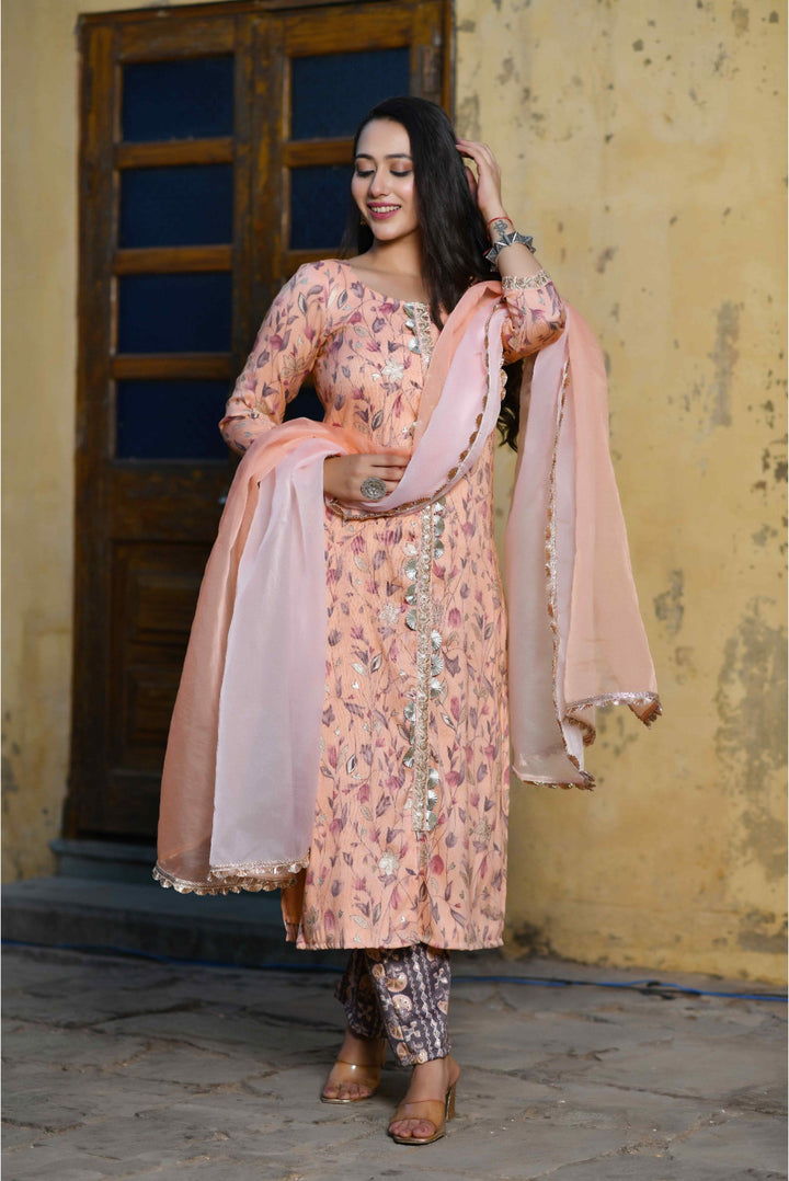 Anastay 3 Piece Peach Floral print and the Gota detailing Suit Set