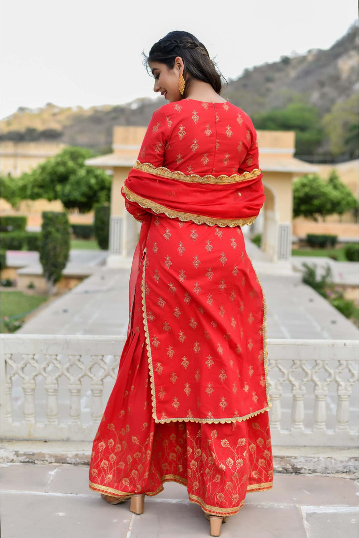 Anastay Cherry Red 3-Piece Short Sharara Kurta & Dupatta set