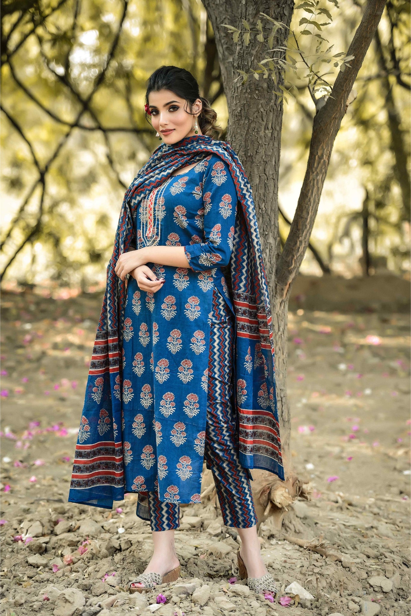 Anastay 3 Piece Royal Blue and Pike Red cotton Kurta styled with wrick-wrack and floral printed dupatta and pants