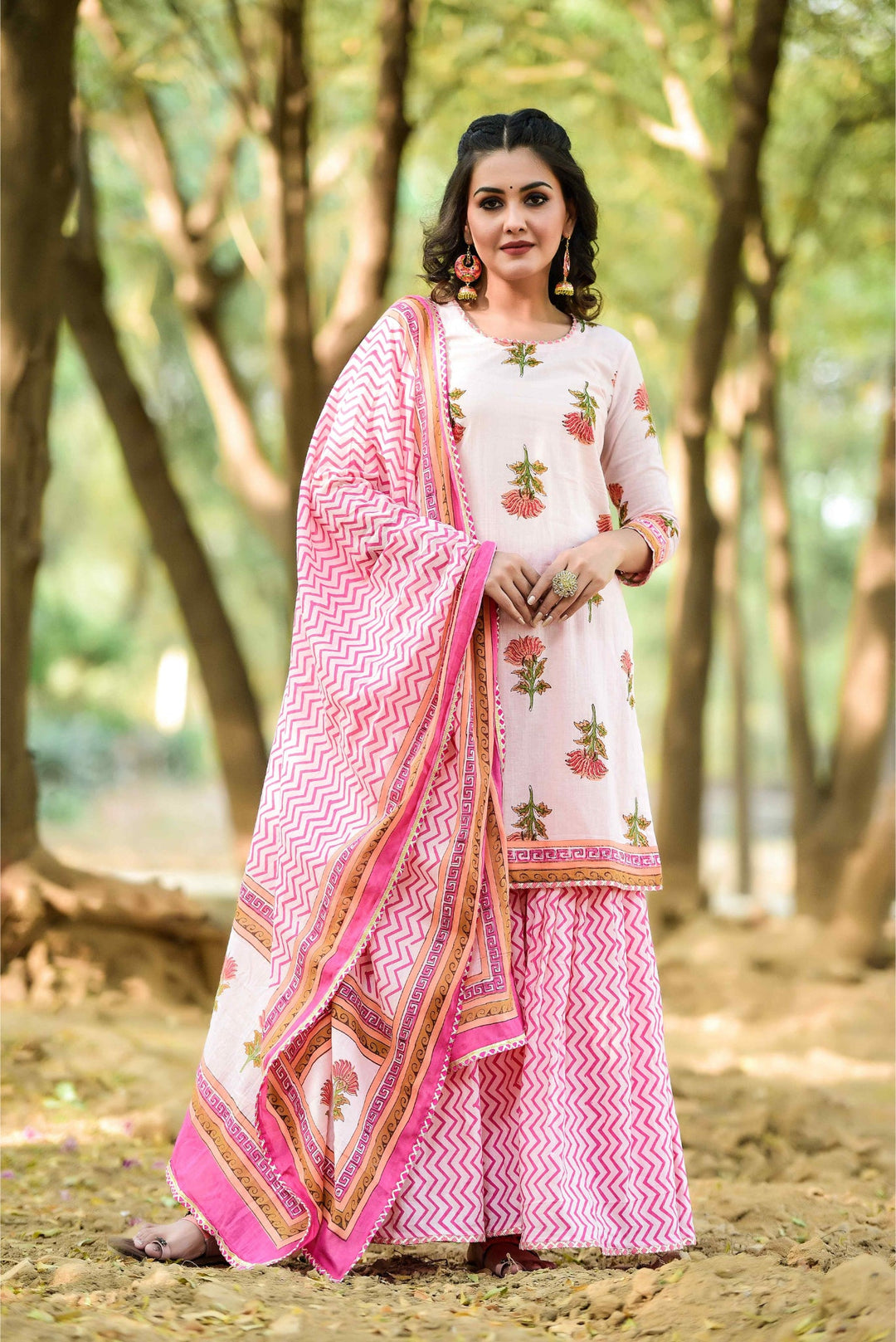 Anastay Bubble gum & Flamingo Pink Short Kurta Adorned with Zig Zag pattern dupatta & Garara