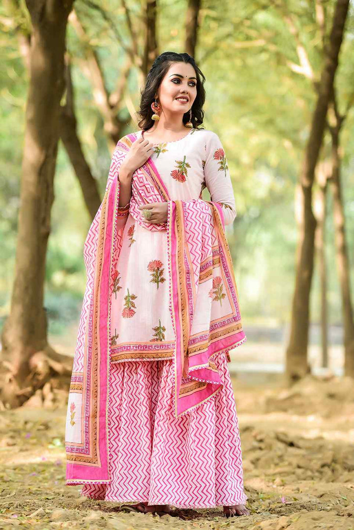 Anastay Bubble gum & Flamingo Pink Short Kurta Adorned with Zig Zag pattern dupatta & Garara