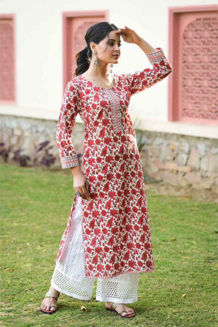 Anastay Cherry Red and Cream white Straight with Palazzo Kurta Set