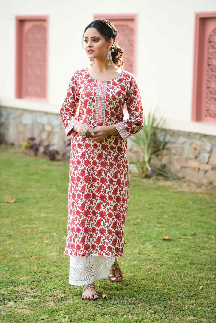 Anastay Cherry Red and Cream white Straight with Palazzo Kurta Set