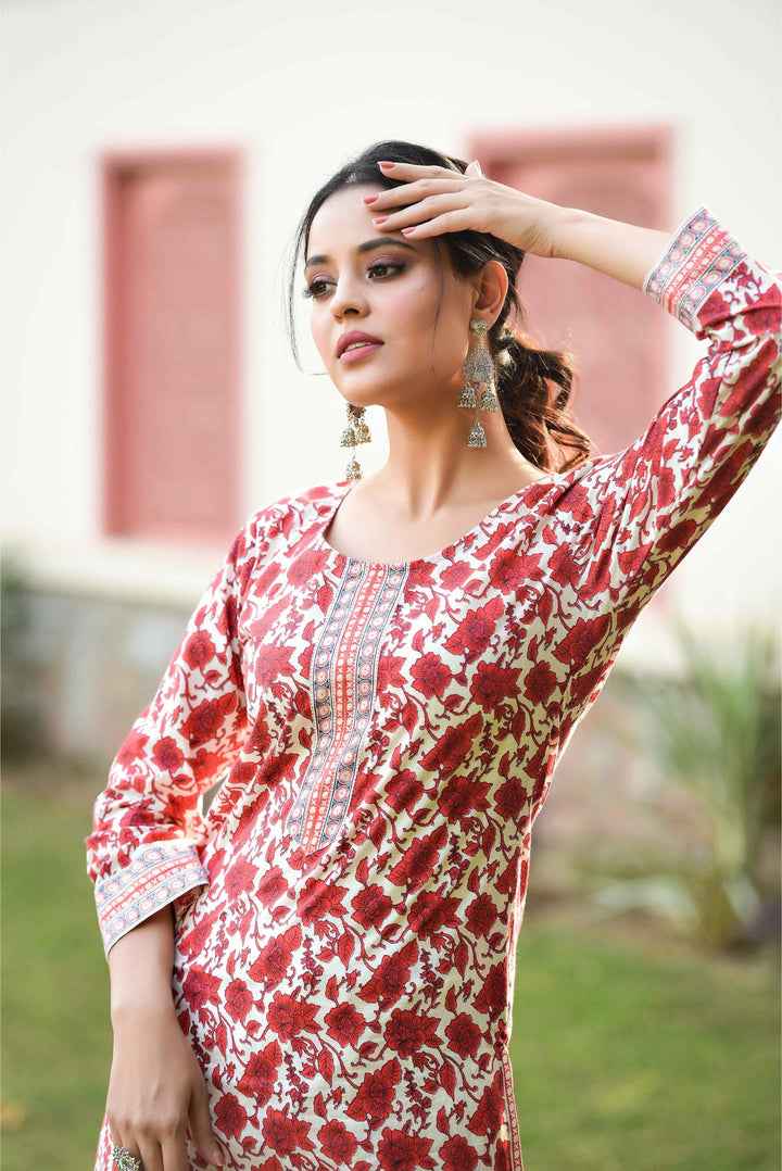 Anastay Cherry Red and Cream white Straight with Palazzo Kurta Set