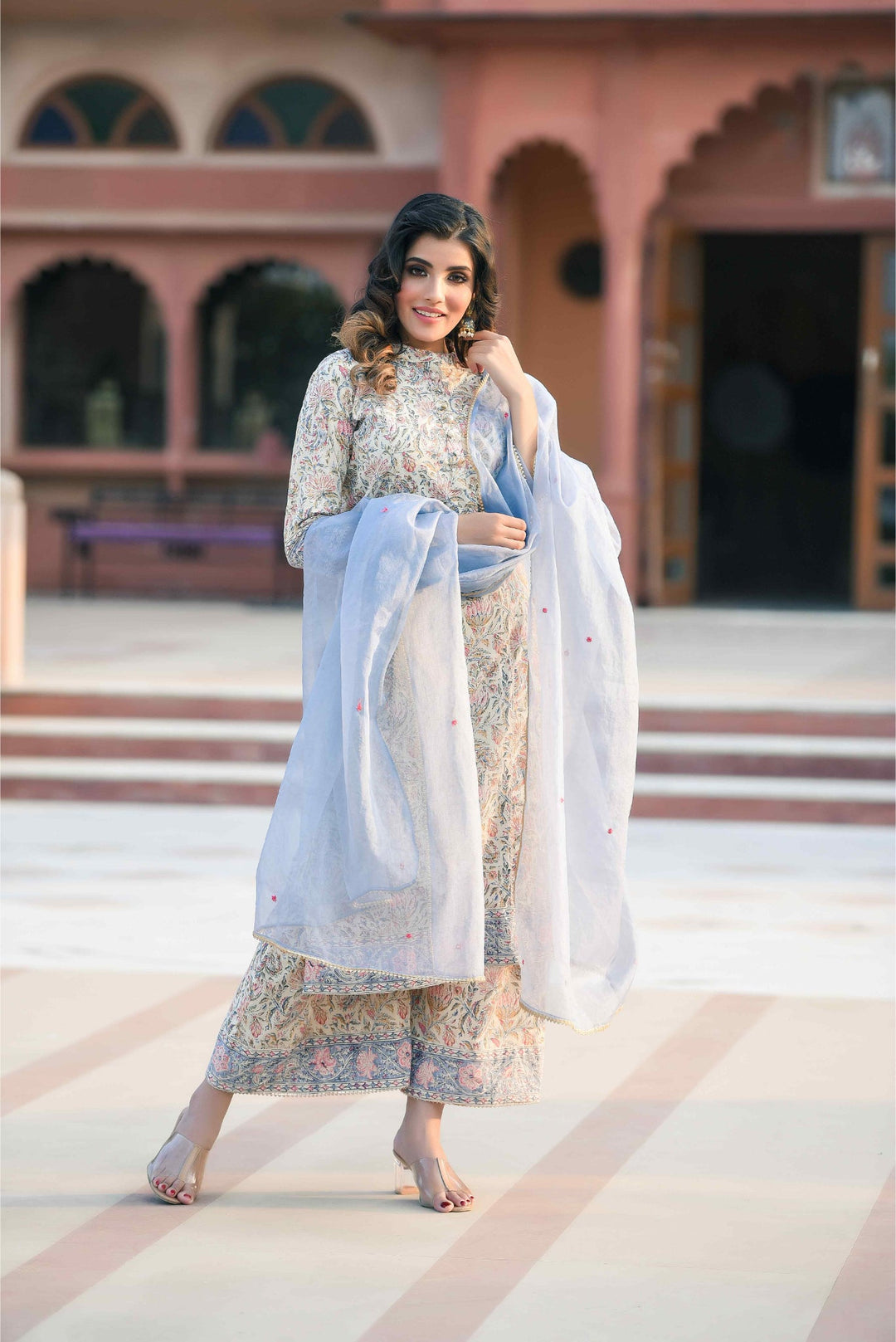 Anastay 3 Piece Star White and Powder Blue Suit Set with Powder Blue Organza Dupatta scattered with coral red Booties