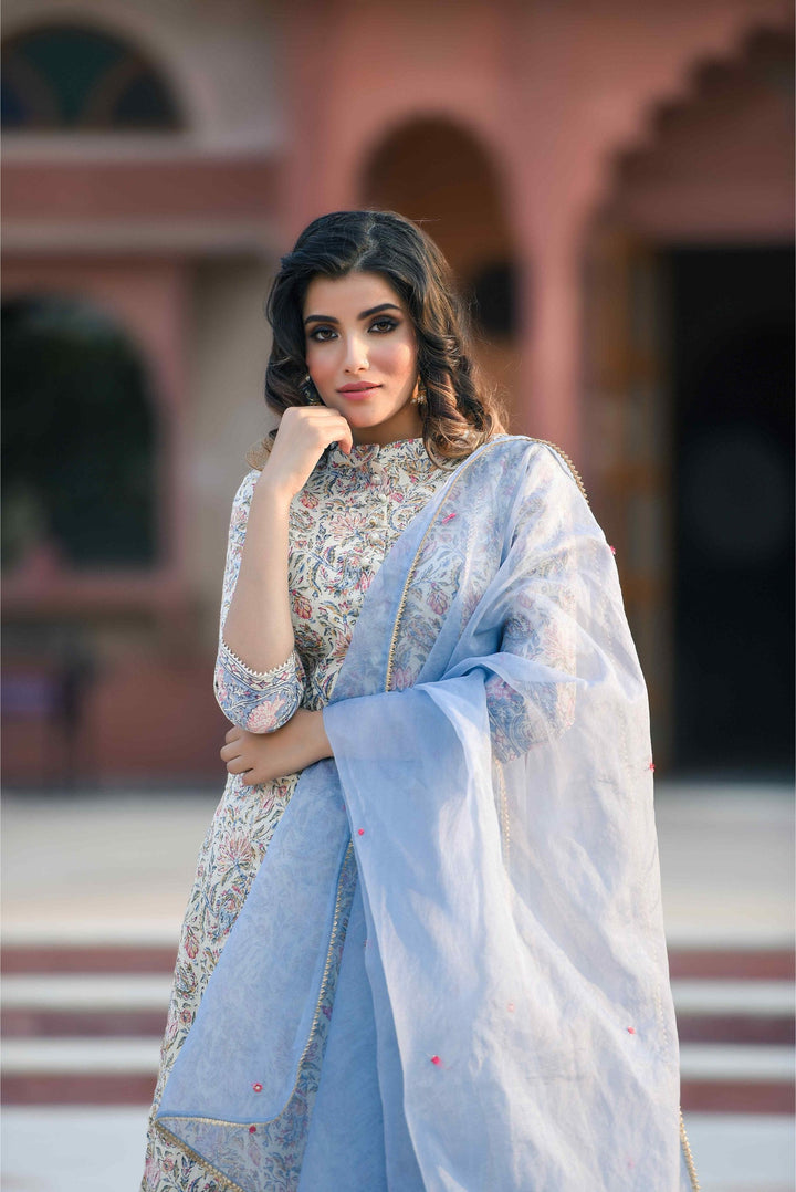 Anastay 3 Piece Star White and Powder Blue Suit Set with Powder Blue Organza Dupatta scattered with coral red Booties