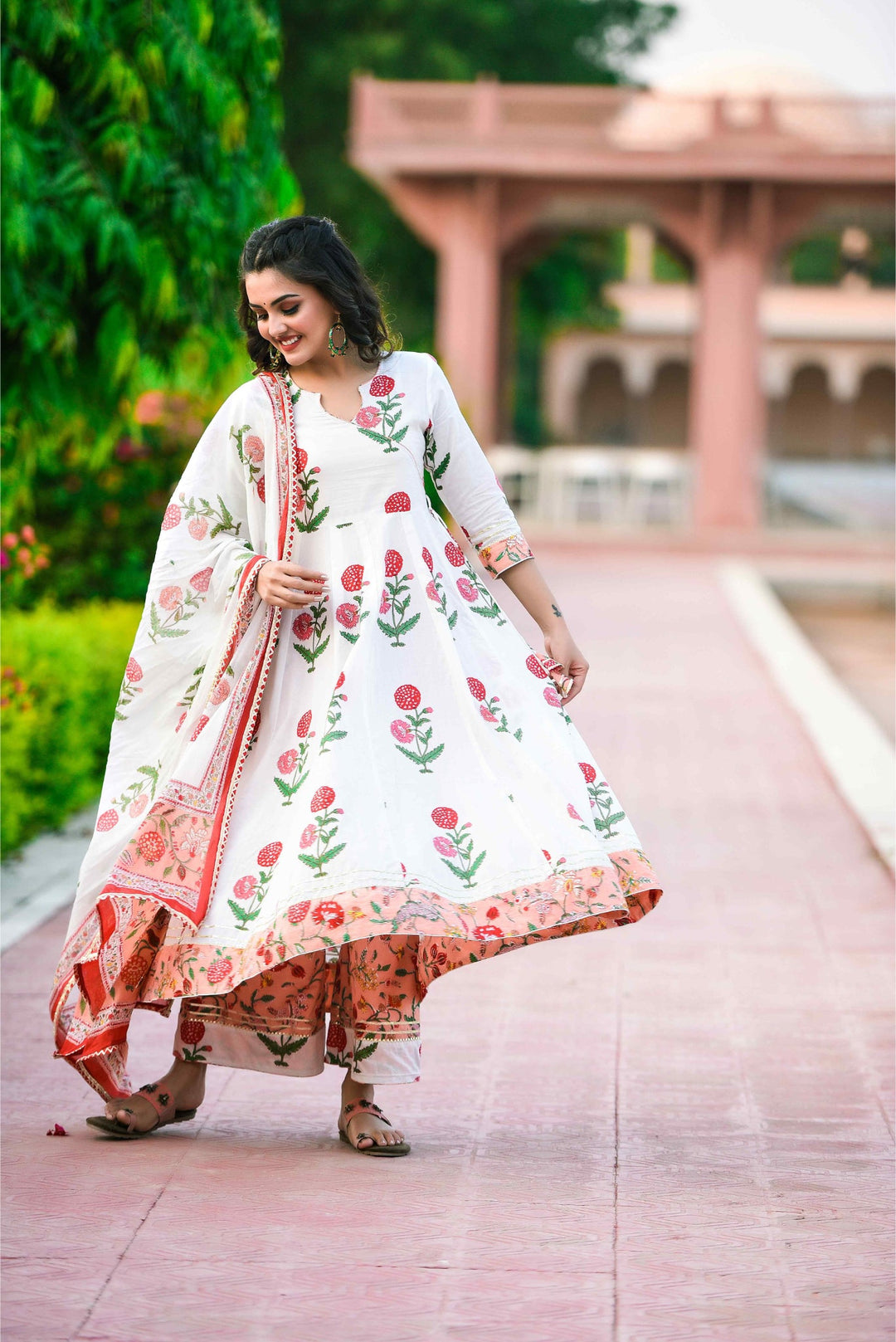 Anastay Bright White & Tropical Peach 3- piece Anarkali set with matching palazzo and dupatta