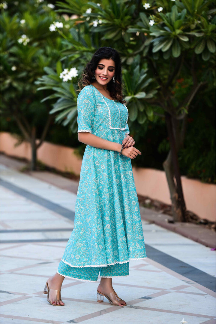 Anastay 2-Piece Artic Blue Kurta with Teal Blue Palazzo