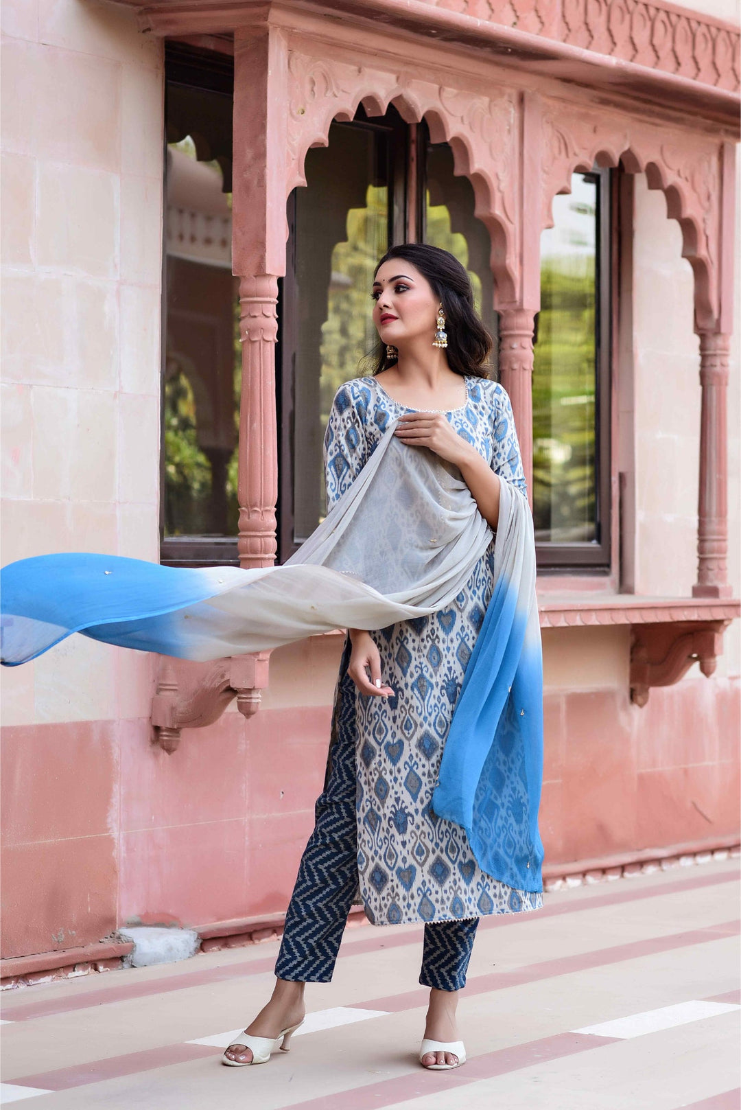 Anastay 3 Piece Cool Grey and Dark- Blue Suit set Paired with soft Dark Blue Shaded Georgette Dupatta