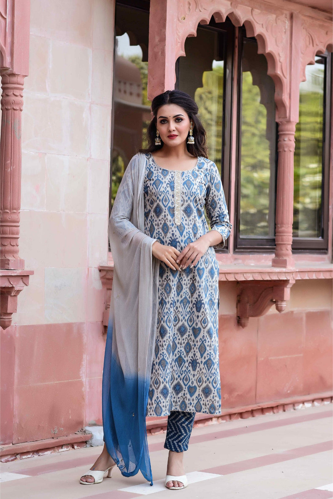 Anastay 3 Piece Cool Grey and Dark- Blue Suit set Paired with soft Dark Blue Shaded Georgette Dupatta