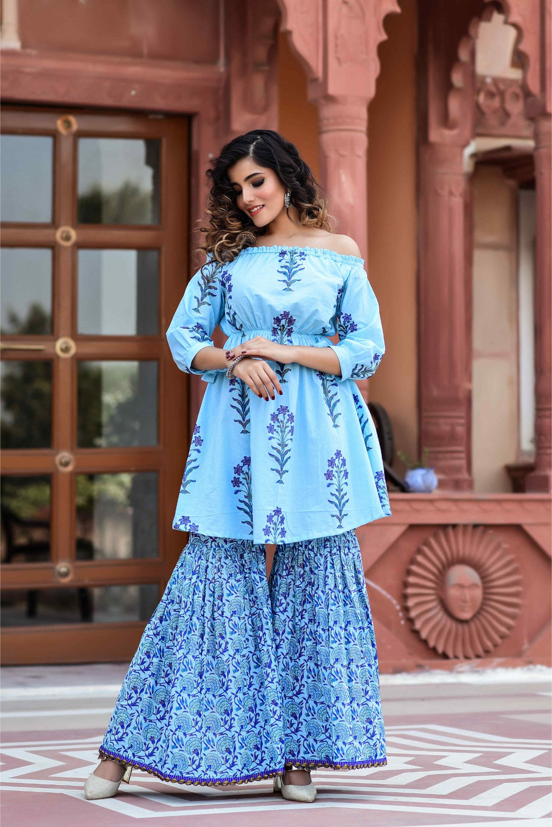 Anastay Aqua mixed with Royal Blue Off- Shoulder Empire Gathered Short Kurta with Sharara