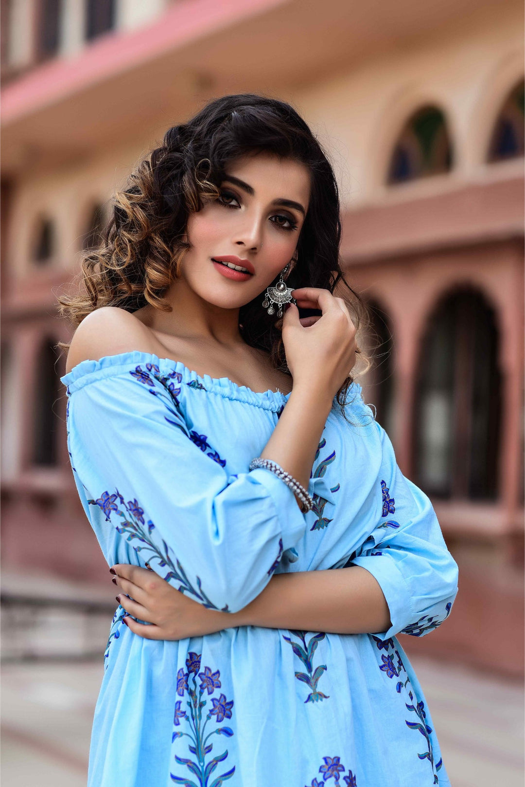 Anastay Aqua mixed with Royal Blue Off- Shoulder Empire Gathered Short Kurta with Sharara