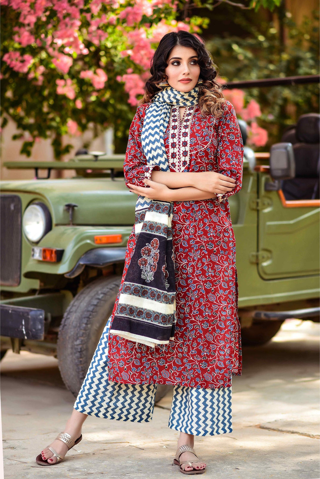 Anastay 3 Piece Floral Jaal kurta mixed with unique Ajrak printed Suit Set