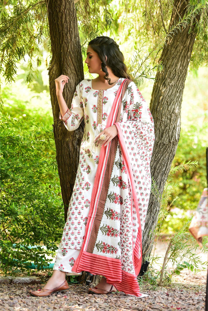 Anastay 3 Piece Snow White Suit Set accompanied with Snow White & Scarlet Red Shaded Dupatta