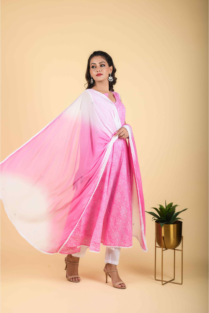 Anastay Persian Pink 3 – Piece Anarkali Kurta Set with shaded Lehariya Dupatta