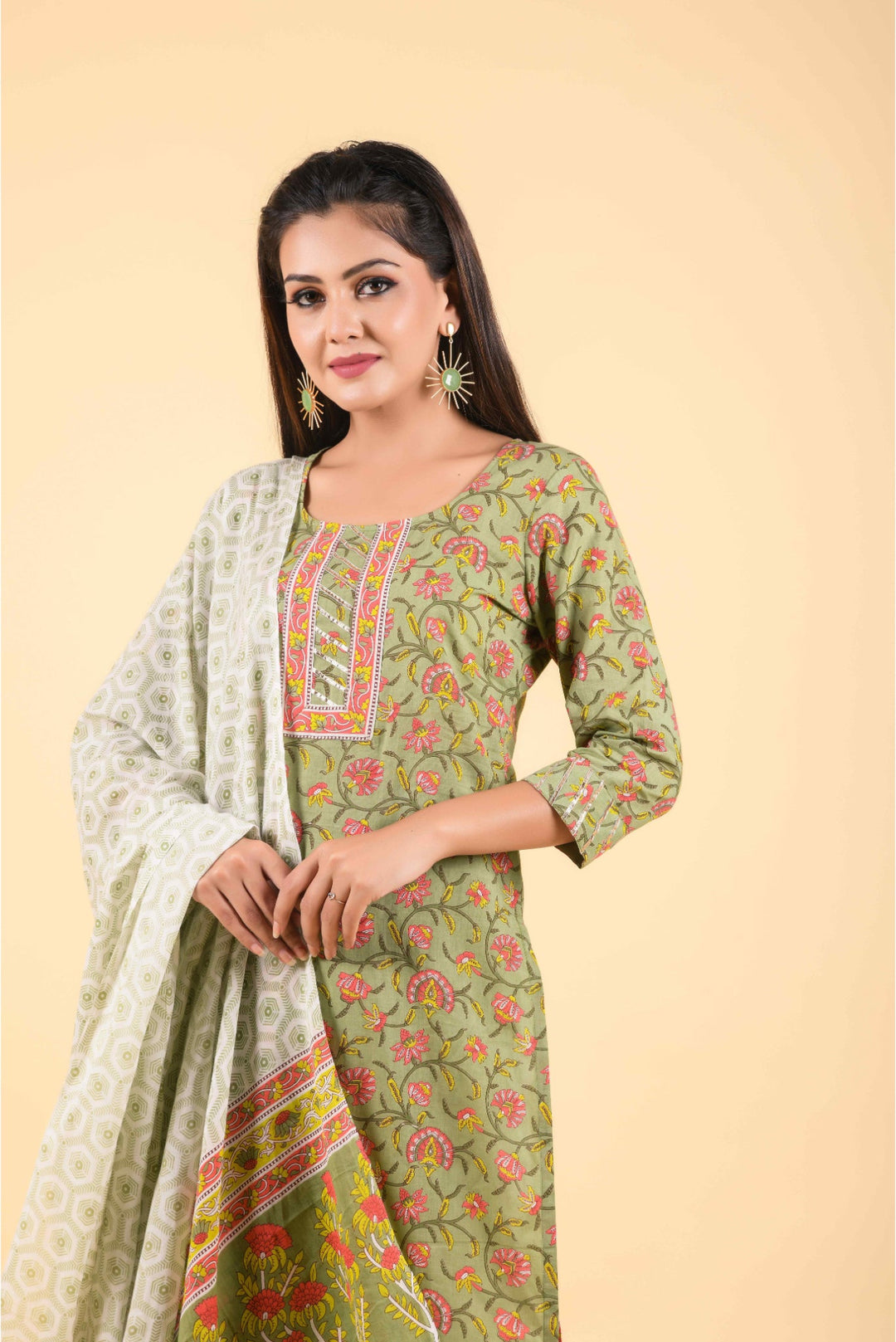 Anastay 3 piece Asparagus green and chanderi multi-printed Suit Set
